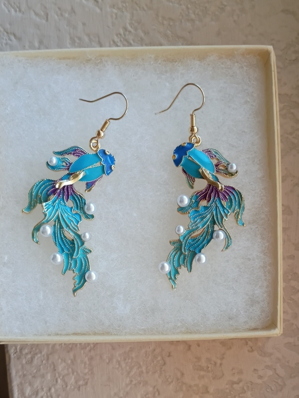 Betta Fish Enamel Pearl 3D Earrings Gold Toned